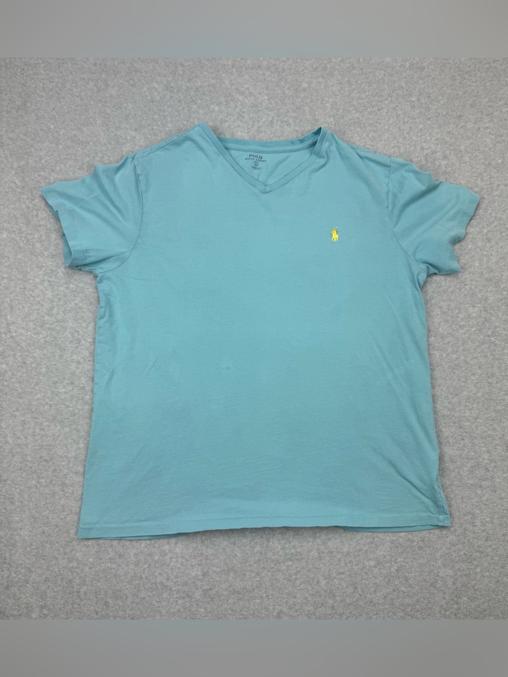 Polo Ralph Lauren Mens L Turquoise Blue V-Neck T-Shirt Yellow Pony Logo